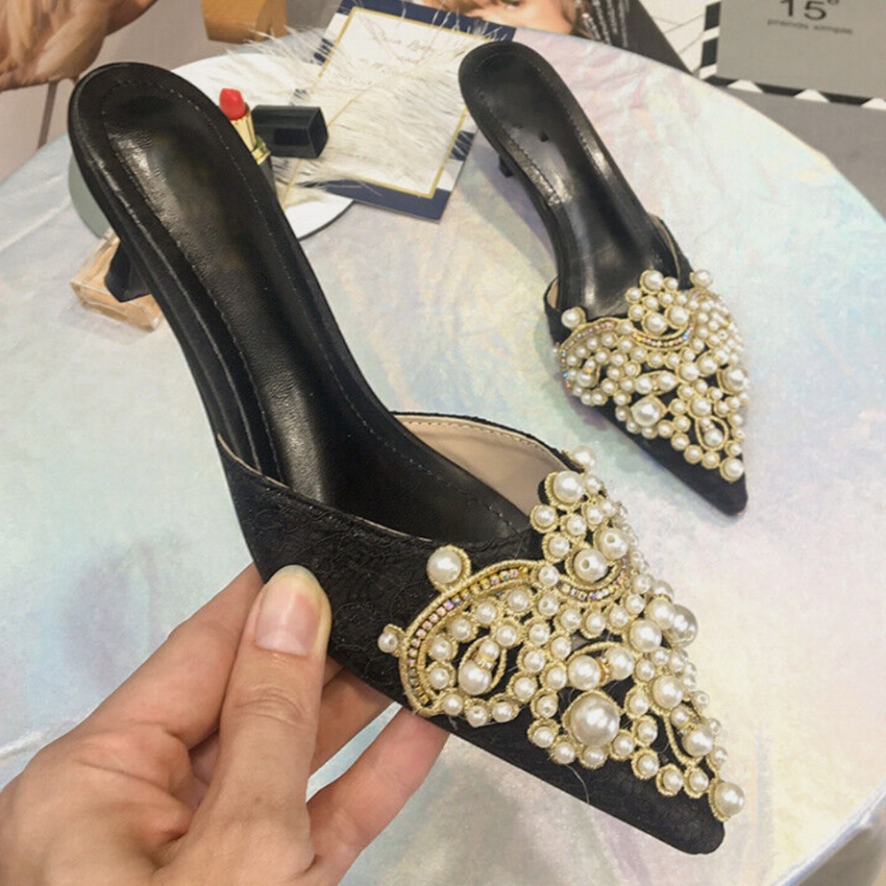 Rhinestone Pearls Heels Sandals Mules Pointed Toe Dress Shoes